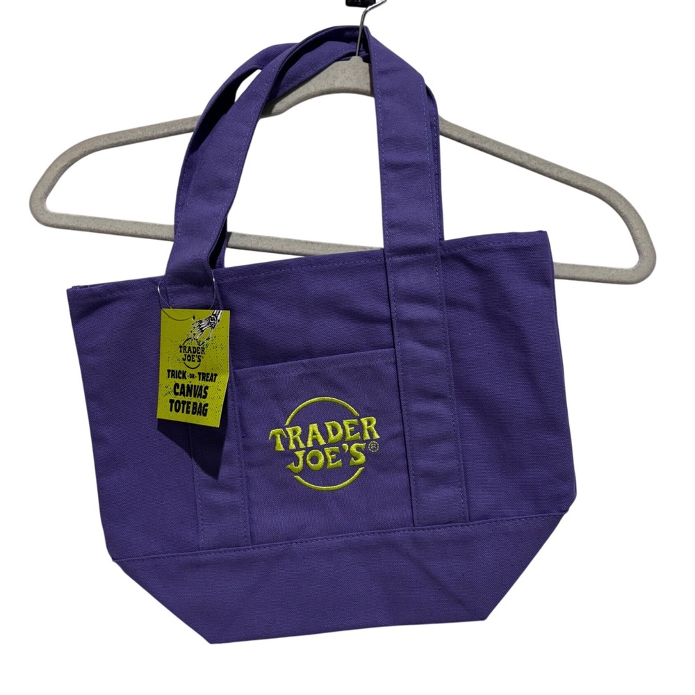 Trader Joe's Trick-or-Treat Halloween Mini Canvas Tote Bag Purple Green NWT